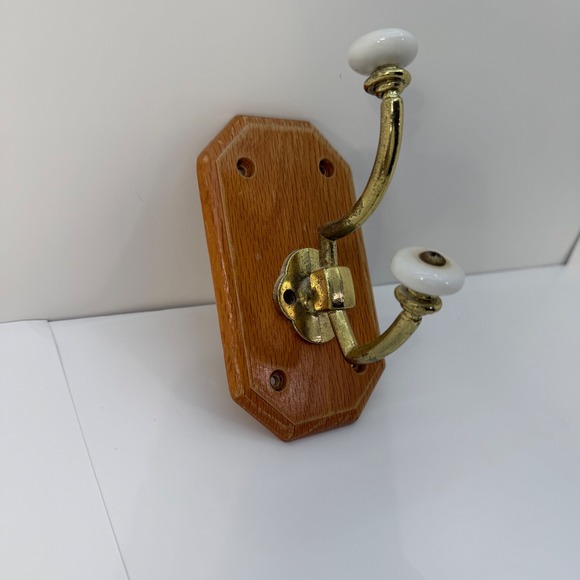 Wall Decor | Vintage Brass And Ceramic Double Wall Hook On Oak Wood ...